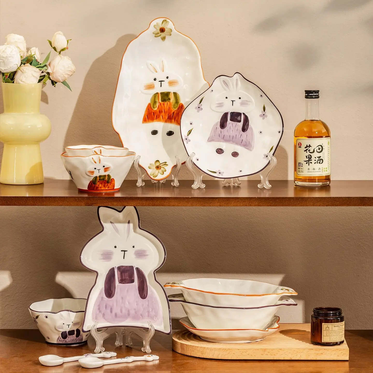 Cute Rabbit Underglaze Colored Ceramic Bowl, Creative High-value Rabbit Shaped Plate, High-temperature Resistant Ramen Bowl Set