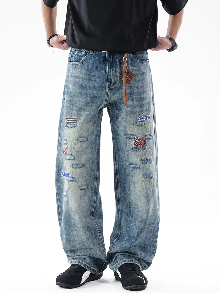 

Heavy Industry Distressed Patchwork Jeans For Men Wide Leg Denim Pants Quality Loose Straight Trousers Americian Vintage Style