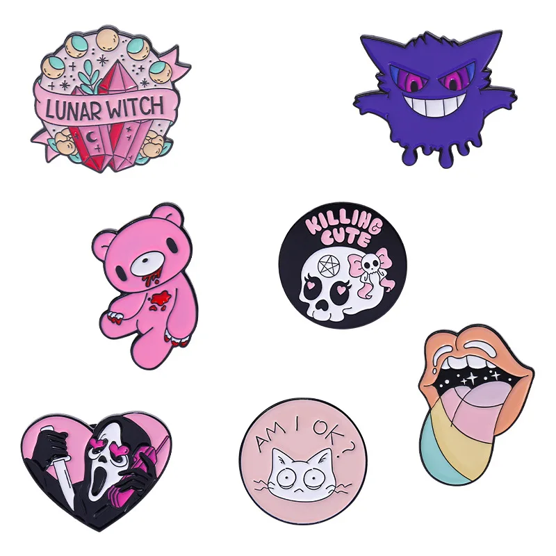 Pink Bear Enamel Pins Punk Gothic Witch Tongue Ghost Call Brooches Bag Lapel Button Badges Halloween Jewelry Gift for Friends