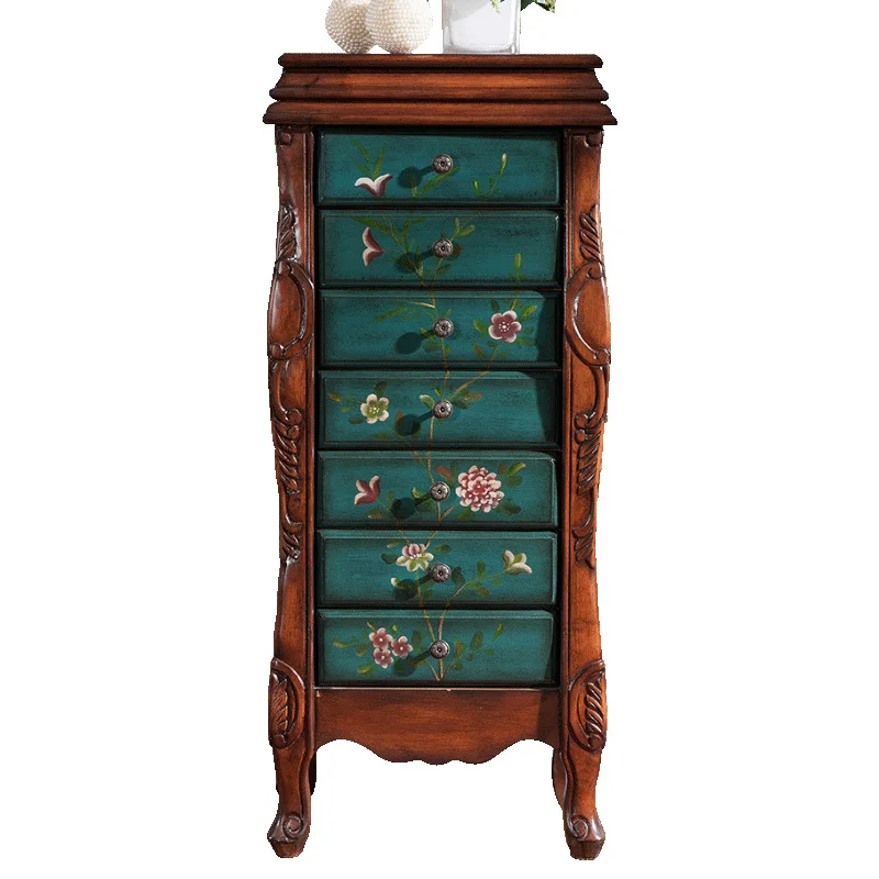 American country solid wood hand-painted seven-chest cabinet, European retro drawer decorative jewelry cabinet