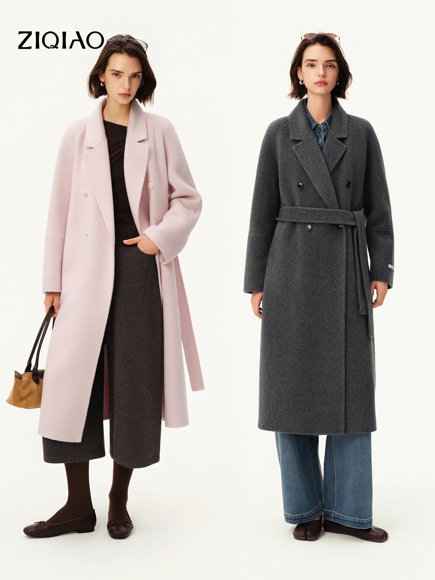 ZIQIAO Pink Mid-Length Cashmere Wool Coat Straight Blazer Collar New Winter Style for Women 2026 Commuting