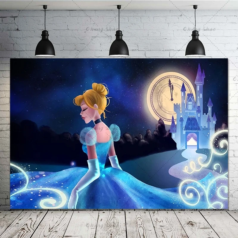 Disney Blue Dress Blonde Princess Backdrop Girls Birthday Party Decor Photo Background Cinderella Banner Baby Shower Photocall