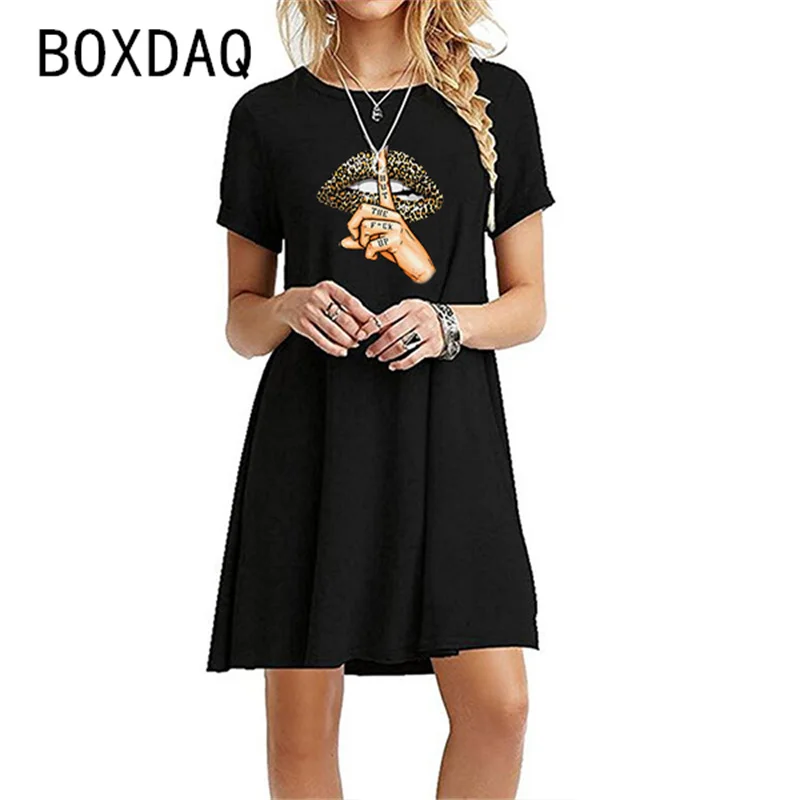 2023 New Women Summer Casual Beach Mini Dresses 3D Leopard Lips Printed Dress Oversized 6XL Female Loose Home Long T-Shirt Dress