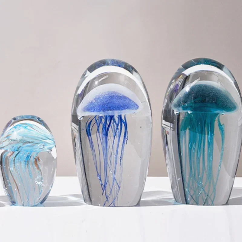 Glass Handicrafts Transparent Crystal Ball Glass Jellyfish Figurine Colorful Jellyfish Simulated Marine Life Home Decoration