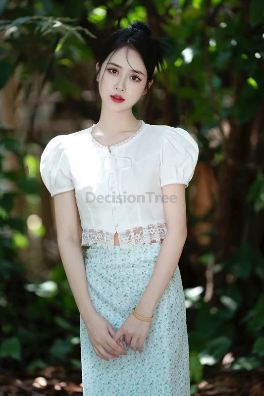 

2025 fashionable new thai style travel clothing set romantic fairy bow puff sleeved lace top trendy fresh printing classic skirt