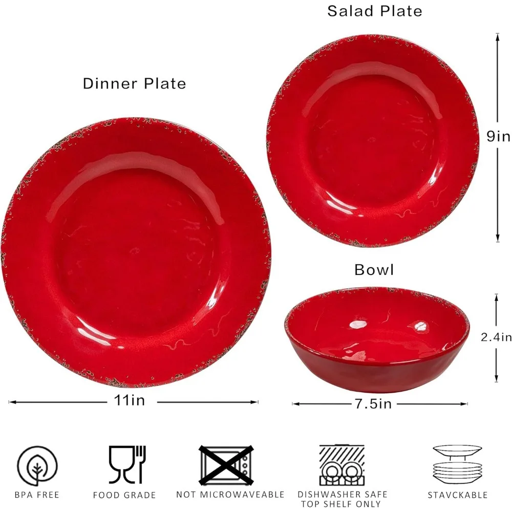 

12 Piece Farmhouse Melamine Dinnerware Sets, Service For 4 Rustic Crackled Plates and Bowls Sets, Melamine Dishes Set for Christ