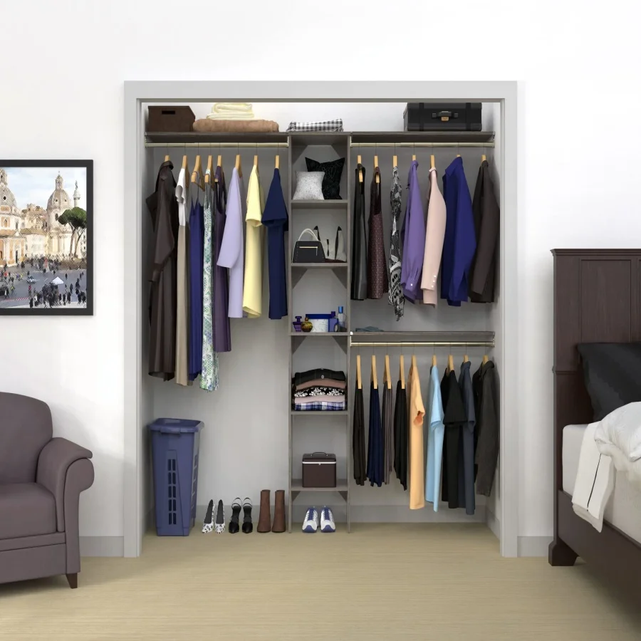 

Набор для организации хранения в шкафу SuiteSymphony Wood Closet Organizer Starter Kit с турной секцией и 3 штангами для одежды, полками, регулируемый, подходит для пространств 4-9 футов. Широкий, Грап