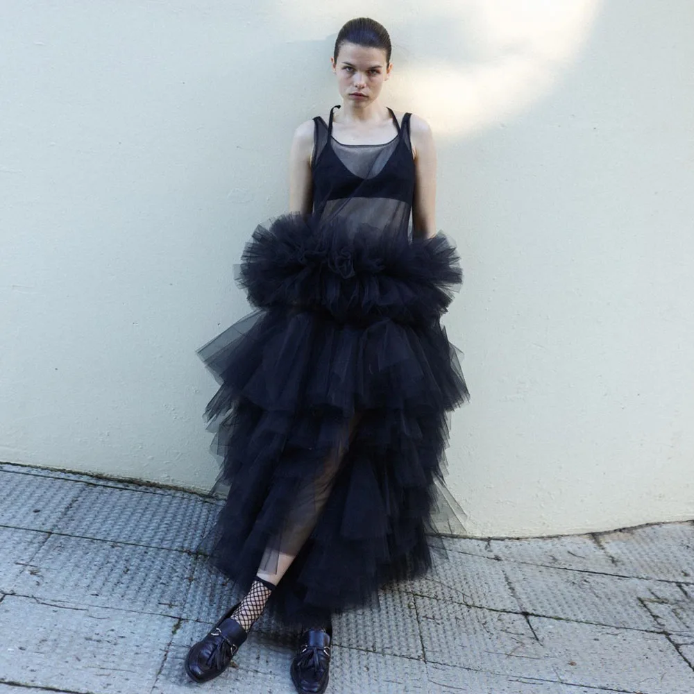 SERENDIPIDTY See Through Black Tulle Ball Gown Ruffled Layered Fluffy Midi Length Woman Clothes Custom Made Prom Dresses