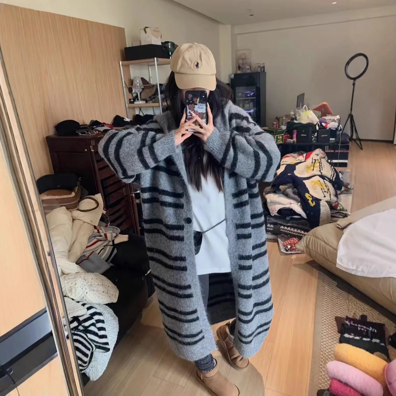 Autumn and Winter New Hooded Striped Sweater Jacket Women's Top Loose Lazy Long Knitted Cardigan 4