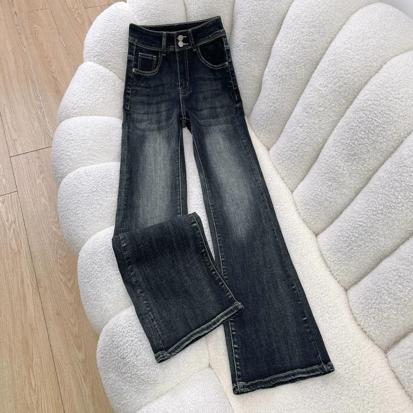 American Casual Brown Double Buckle Bell Bottom Jeans Women's New Autumn Vintage High Waist Slim Fit Flared Pants