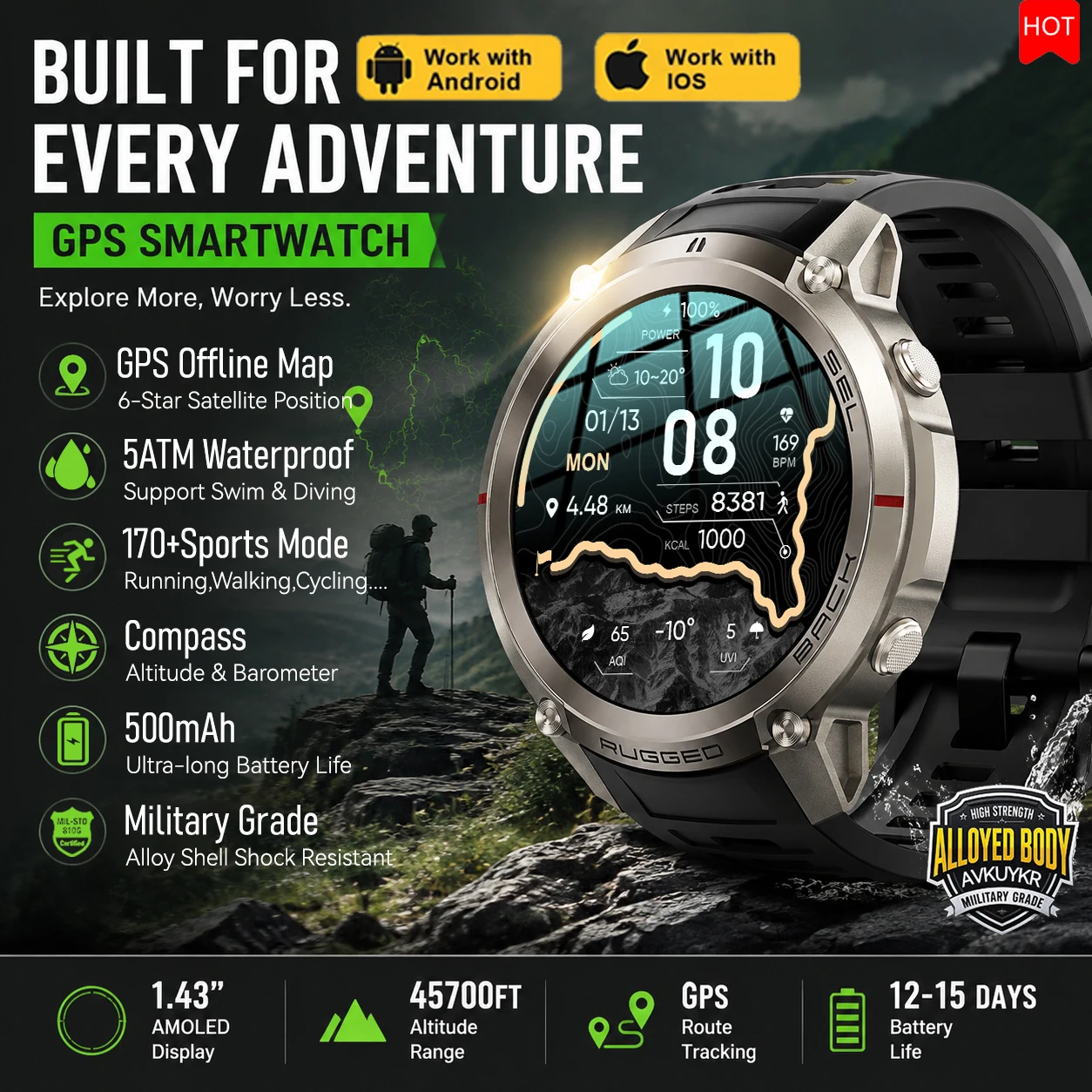 2026 New Hot Sports Smart Watch With GPS Offline Map 170+Sports Mode 5ATM Waterproof 1.43