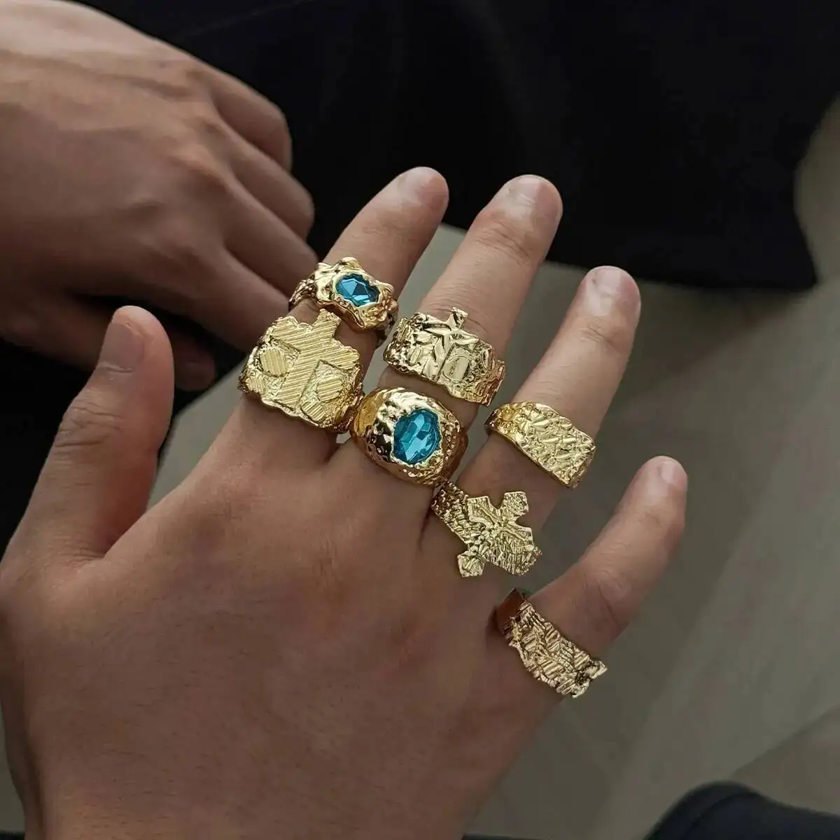 SHIXIN 7 PCS/Set Hip Hop Punk Irregular Metal Texture Open Ring Men 2026 New Exquisite Geometric Rhinestone Rings Street Jewelry