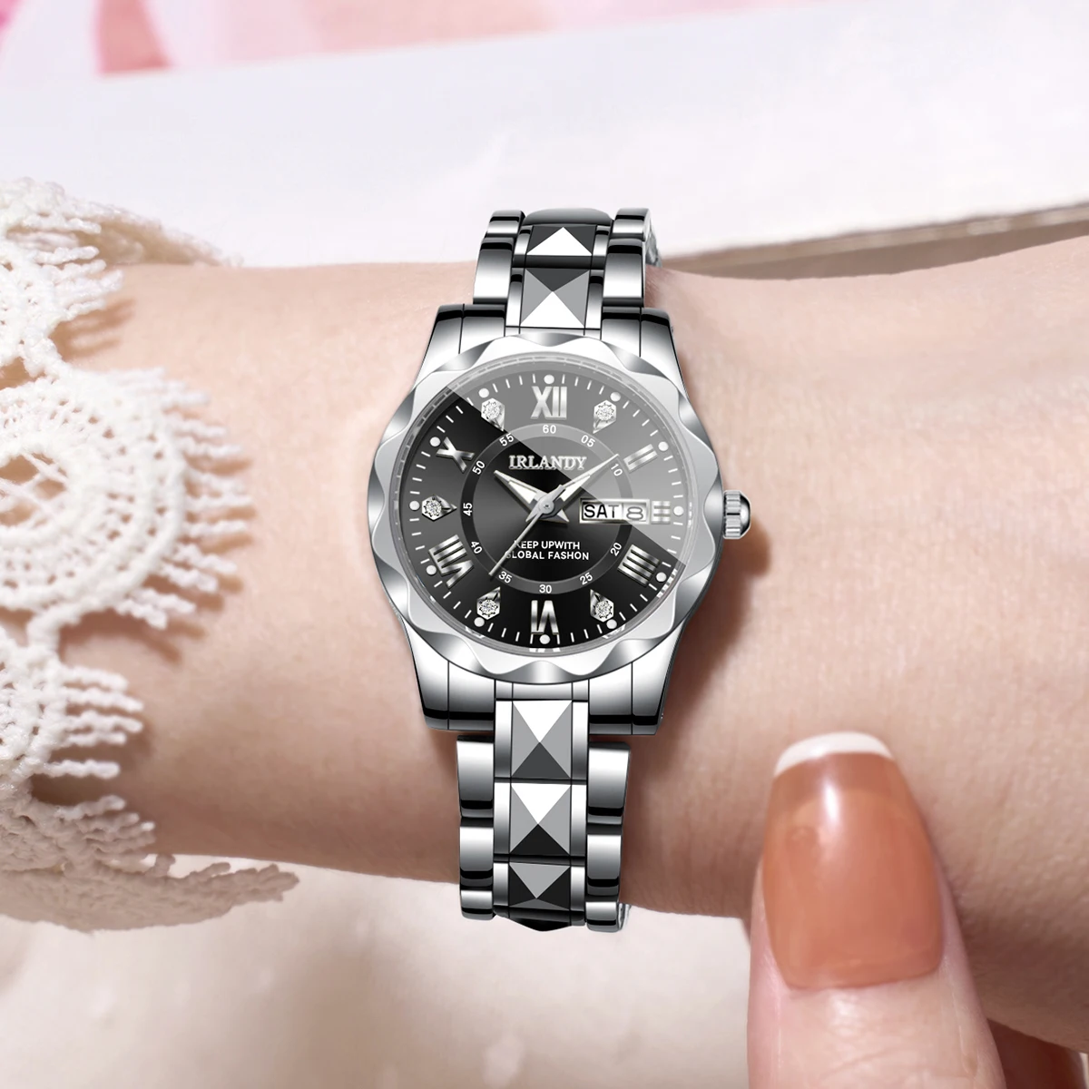 Fashion Women Quartz Watch Roma Rhinestone Calendar Stainless Steel Strap Ladies Dress Wristwatches Relogio Feminino（Without Box