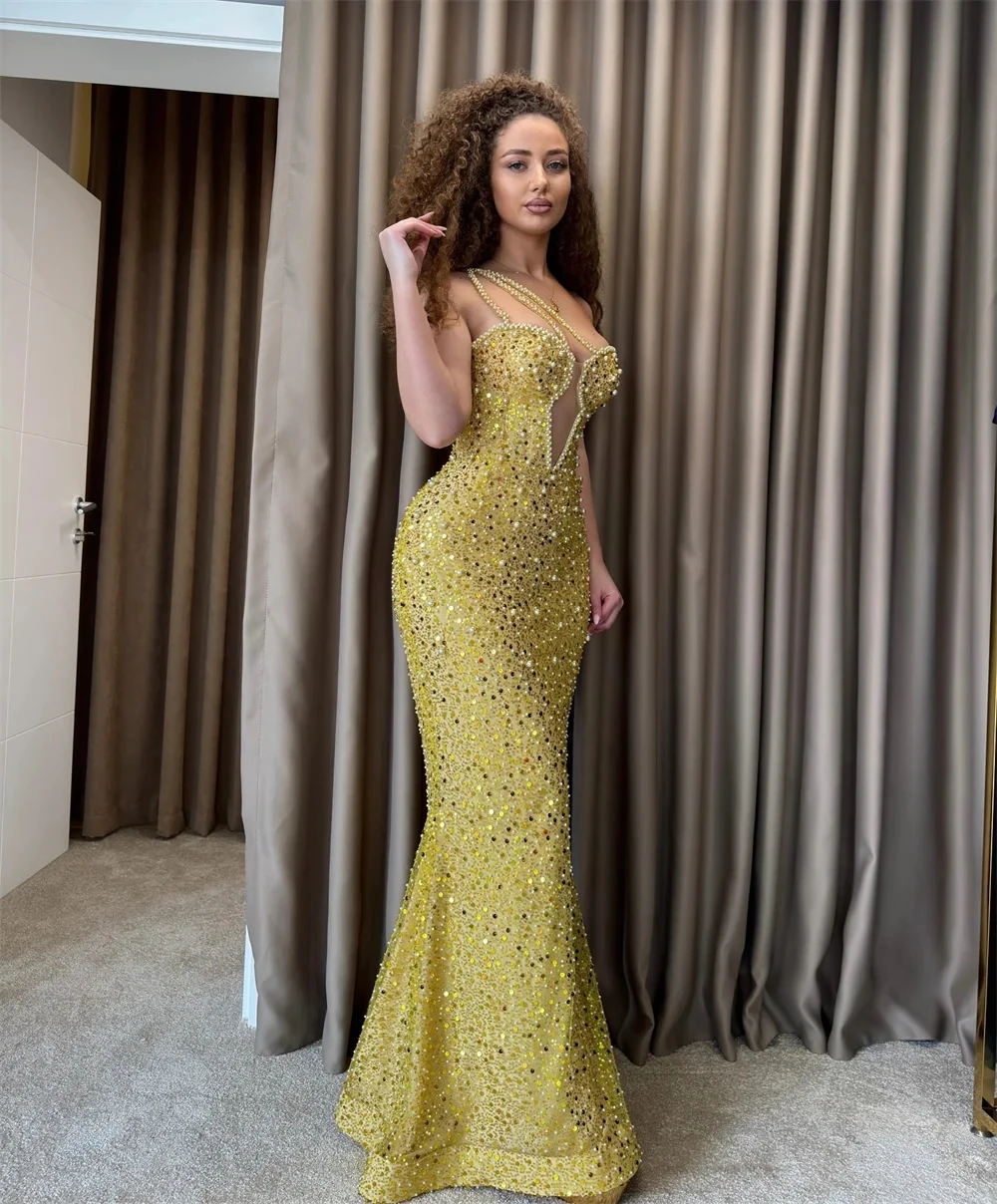 Shinny Gold Mermaid Prom Formal Dress 2026 One Shoulder Beaded Sequins Evening Pageant Gown Birthday Dresses Robe De Soriee