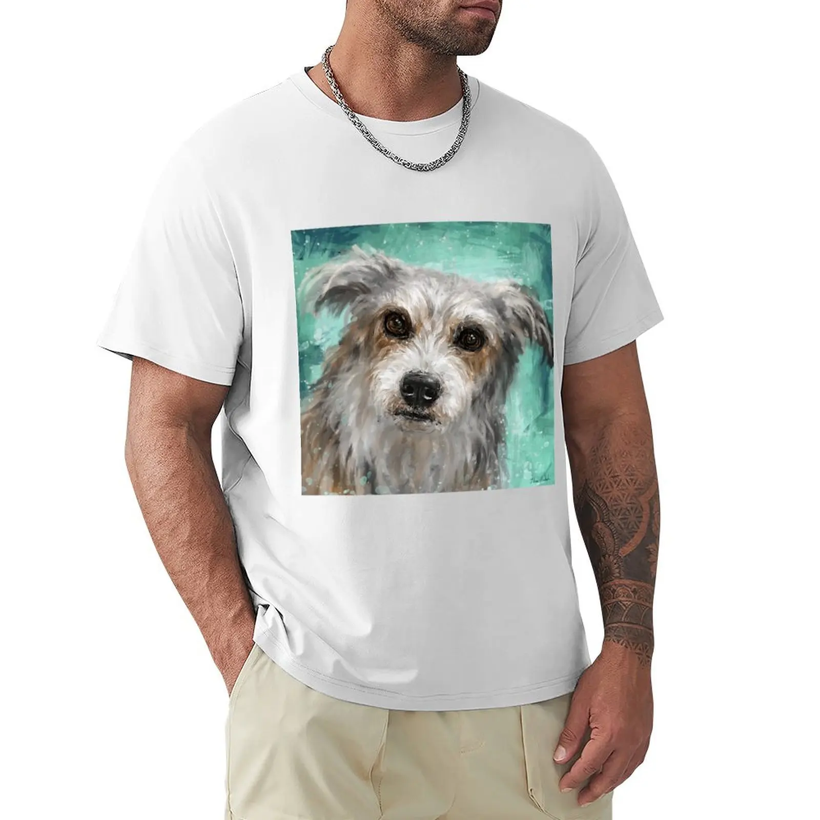 

Painting of a Cute Hairy Dog, Looking Directly at You, Turquoise Background T-Shirt summer clothes sports fans mens t shirts
