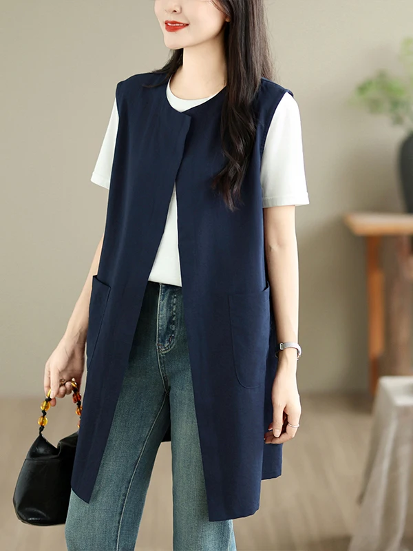 Authentic Cotton Linen Vest Women's Mid-Length Sleeveless Open Cardigan Outerwear Versatile Style No-Button Closure