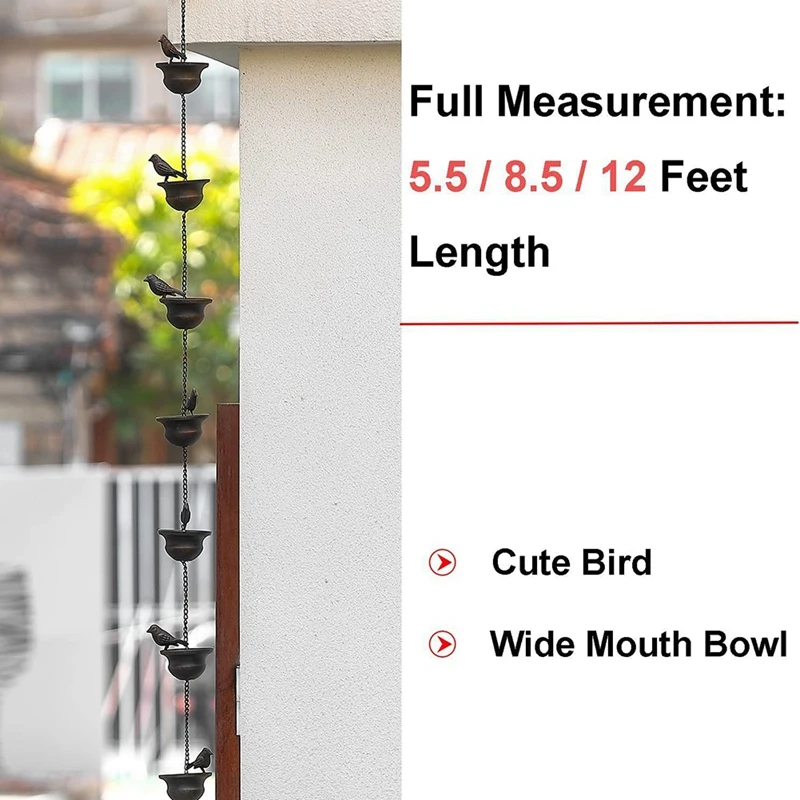 1 Piece For Gutters Mobile Birds On Cups Rain Chimes 7.8Ft Rain Chimes With Attached Hanger And Birds