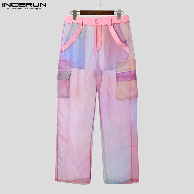 INCERUN 2025 سراويل رجالية شبكية متدرجة بجيوب كبيرة الحجم سراويل مستقيمة للرجال للركض ملابس الشارع الشهير سراويل طويلة عصرية للركض