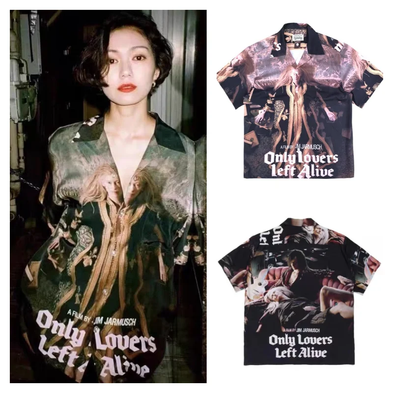WACKO MARIA Theme Movie Character Print Hawaii Short Sleeve Shirt Summer Casual Mens Womens Trendy Cuban Collar Shirt