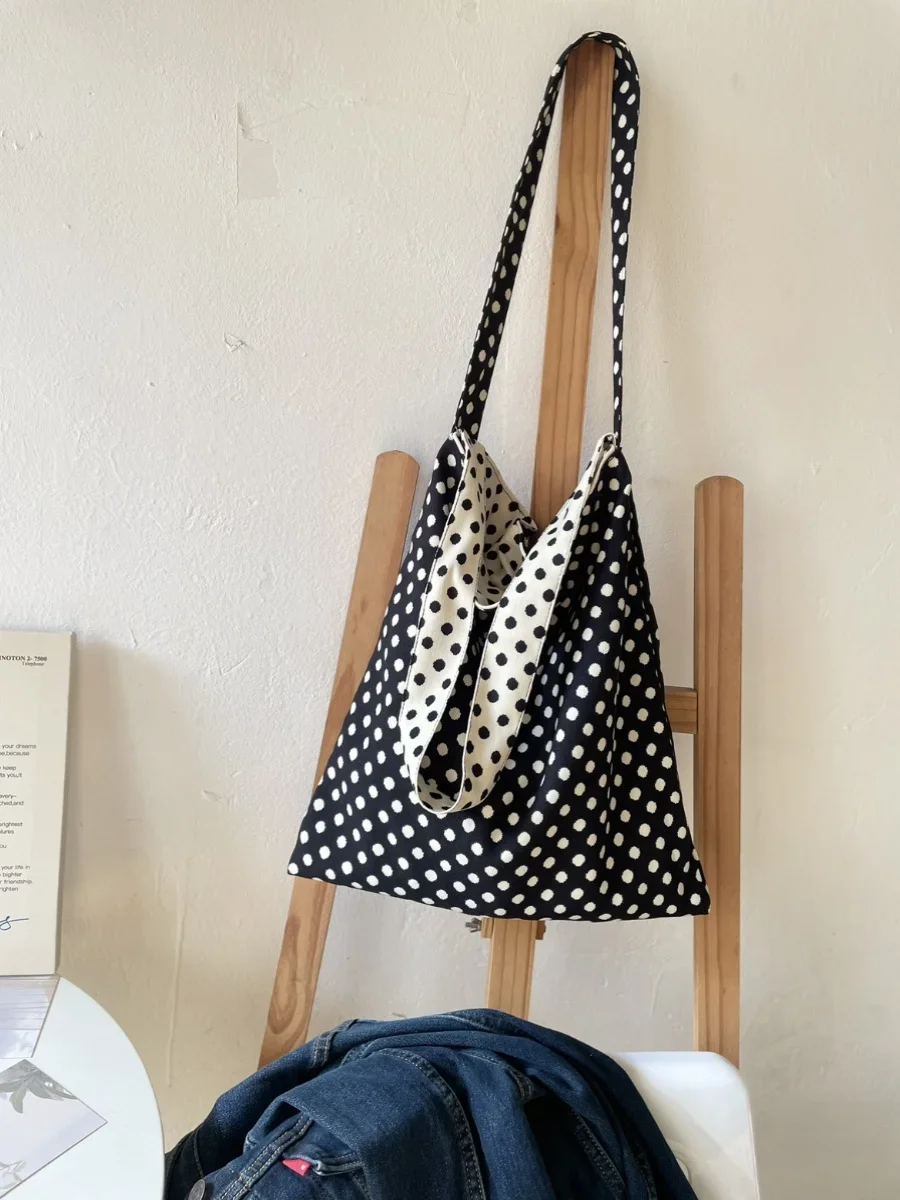 Niche Double-sided Black White Polka Dot Bags Female Shoulder Bag Casual All-match Retro All-match Simple Canvas Bags