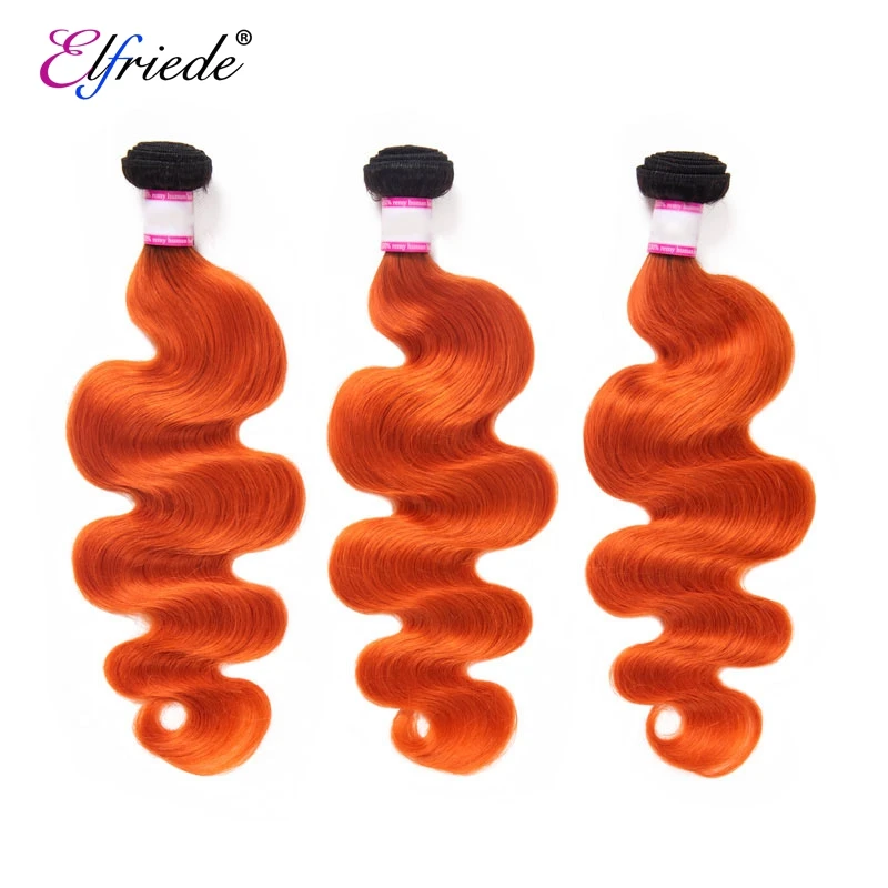 Elfriede Ombre #1B/Orange Body Wave Hair Bundles with Closure Human Hair Weavings 3 Bundles with Transparent Lace Closure 4x4