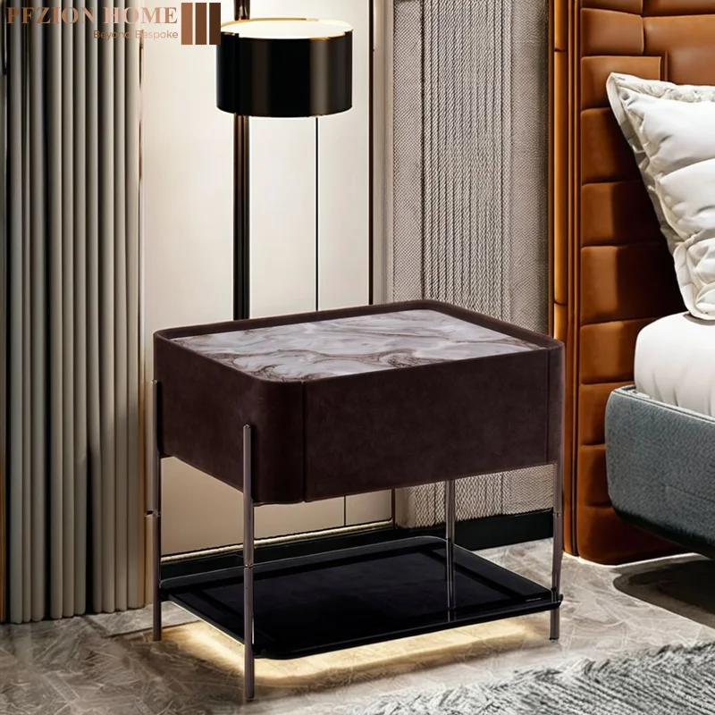 طاولة بجانب السرير مصنوعة من الجلد لغرفة النوم على الطراز الشمالي ودرج واحد وطاولة بجانب السرير حديثة #1