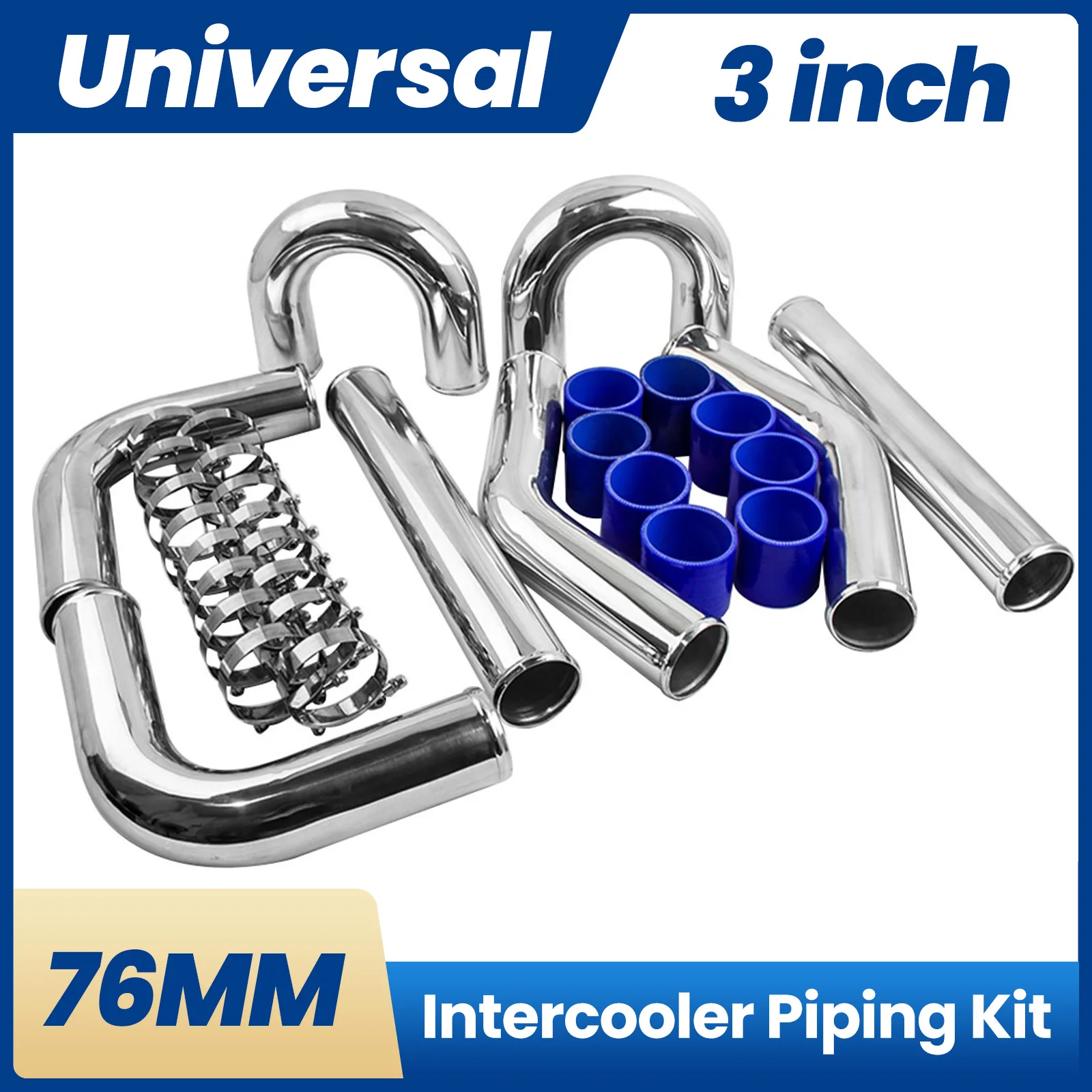 

3 inch Intercooler Pipe Kit Universal Aluminum Piping 180 90 45 Degree Blue hose