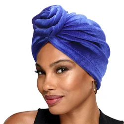 New Elegant 3D Flower Velvet Turbans For Women Solid Color Soft Head Wraps Bonnet Elastic Beanies Hats Ramadan Chemo Cap