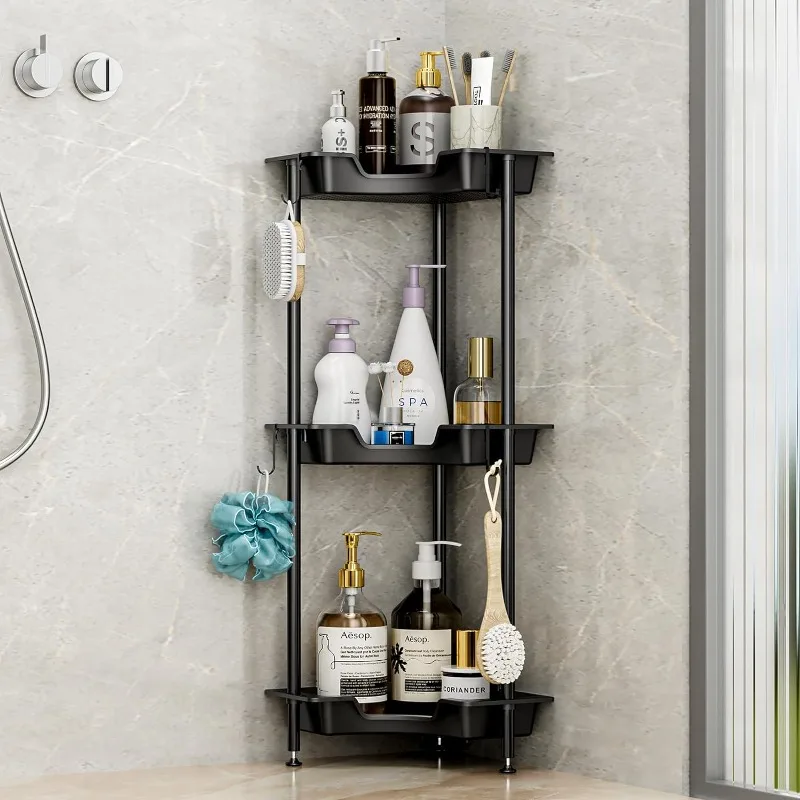 Corner Shower Caddy Organizer - 3 Tier Floor Standing Shower Organizer, Plastic Metal Splicing Rustproof Corner Shower Shelf