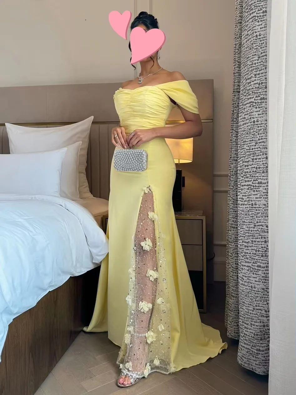 Flora Dress Customized Mermaid Evening Gown Yellow Chiffon Off Shoulder Long Sleeves Prom Dress Zipper Back Vestidos De Noches