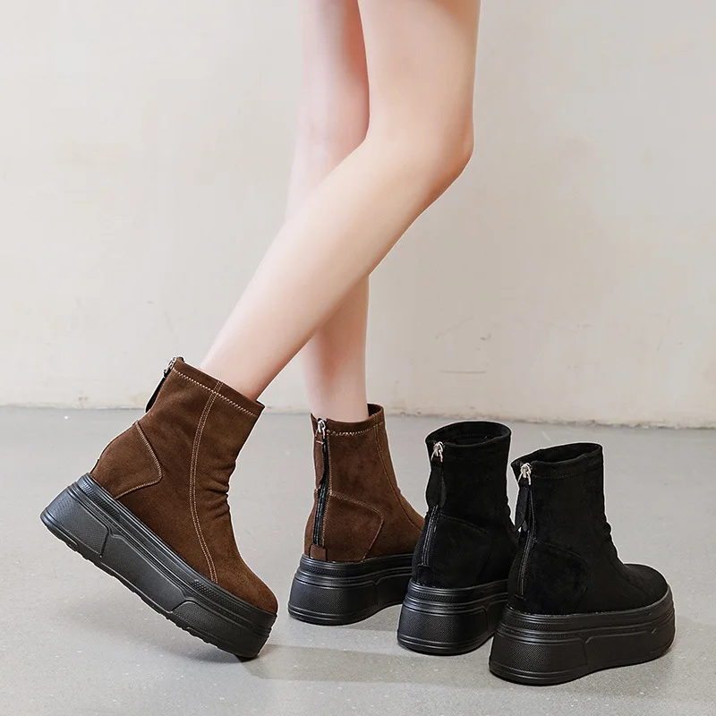 Fujin 8.5cm New Women Autumn Spring Fashion Flats Platform Wedge Ankle Boots Synthetic Sheepskin Leather ZIP Ankle Booties Shoes image 4