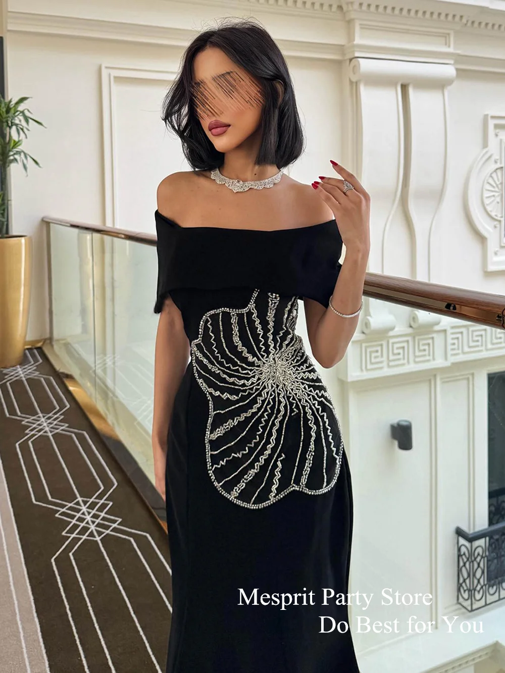 Black Prom Dress Customized Off Shoulder Boat Neck Beading Sequined Mermaid Party Gown Sweep Train Saudi Arabian Evening Dresses