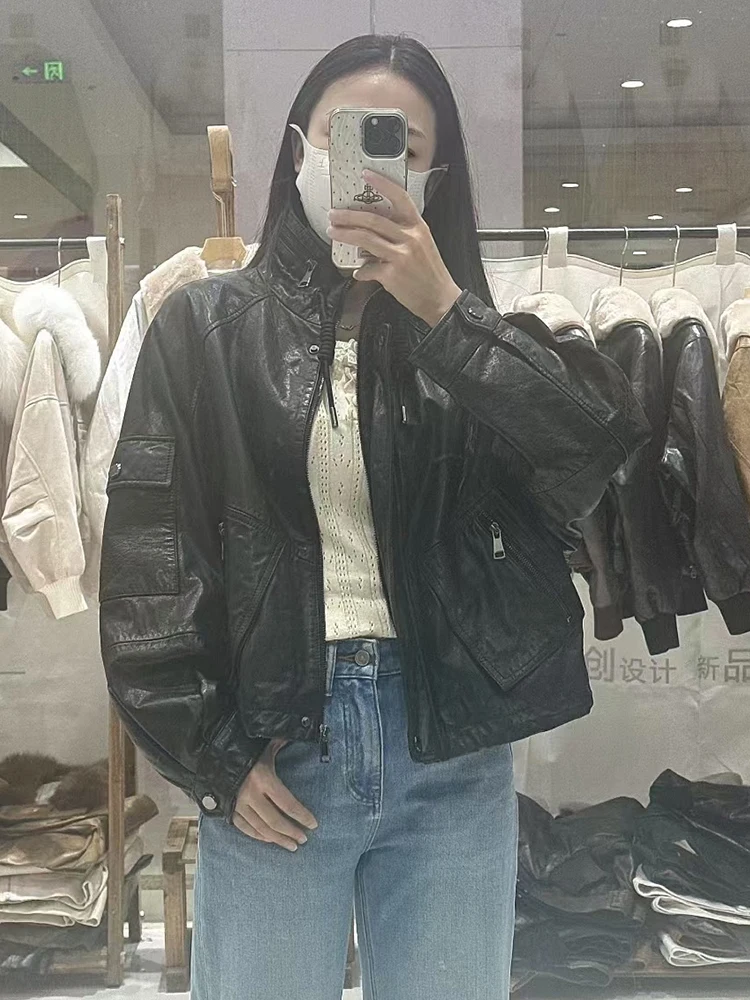 2025 Fashion Ladies Genuine Leather Jacket Oversize Women's Real Leather Bomber Coat Cow Leather Cloth