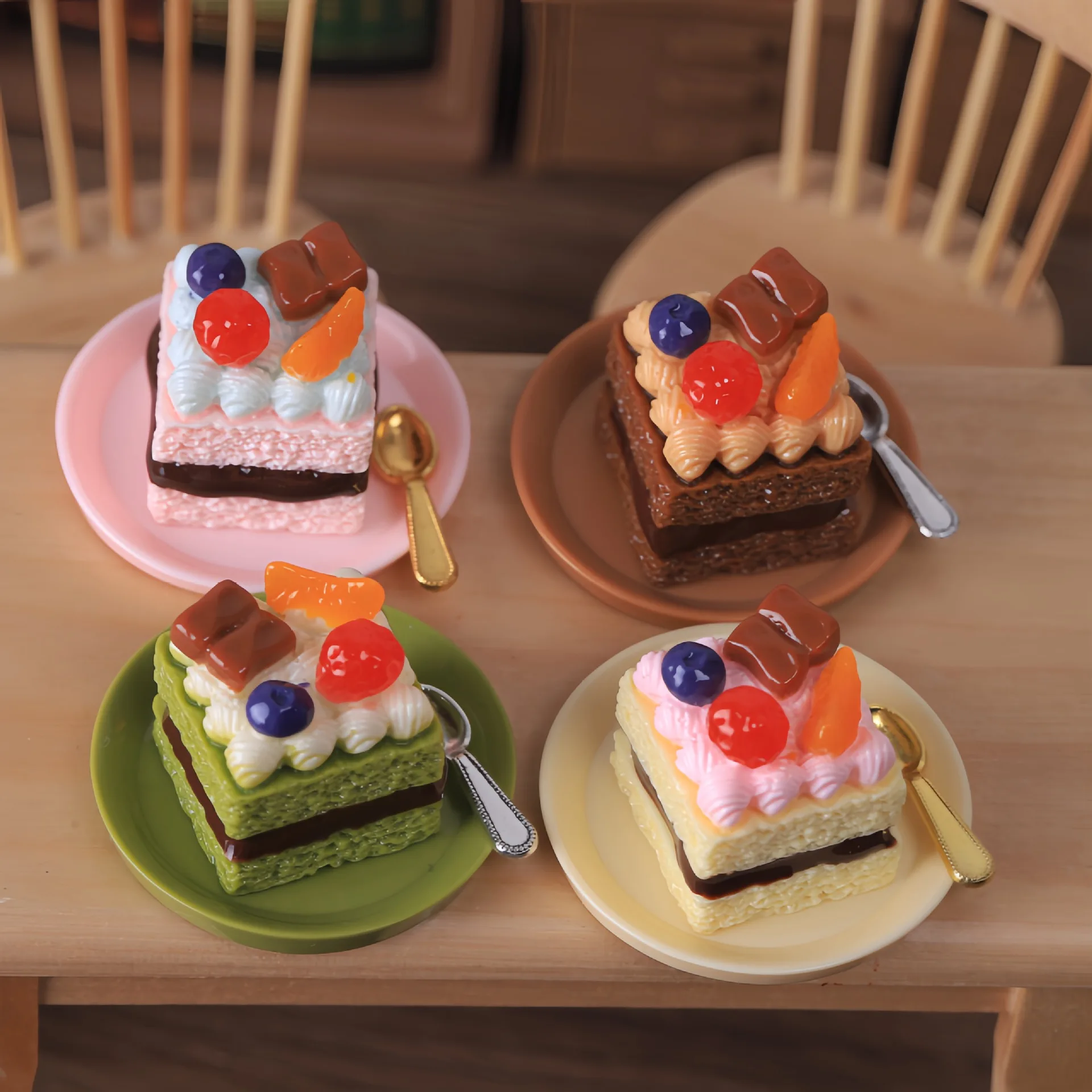 Simulated Miniature Cream Mousse Fruit Birthday Cake Strawberry Chocolate Dessert Plate Spoon DIY Resin Jewelry Accessories