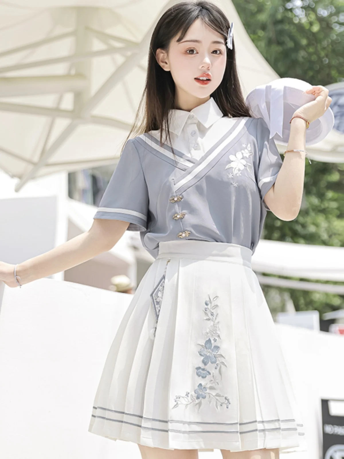 2024 New Summer Girl Women\'s Chinese Style Improved Short Sleeve Loose Shirt Top Slim High Waist Pleated Skirt Fashion Outfit