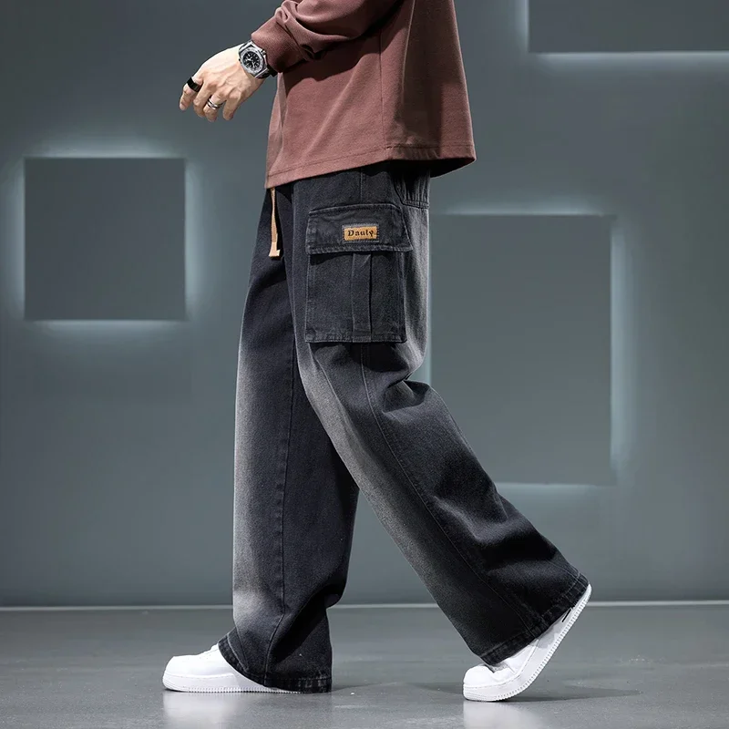 8XL Jeans New Wide Leg Washing Pants Men Trousers Neutral Solid Color Loose Casual Korean Fashion Pocket Plus Size Cargo Pant image 3