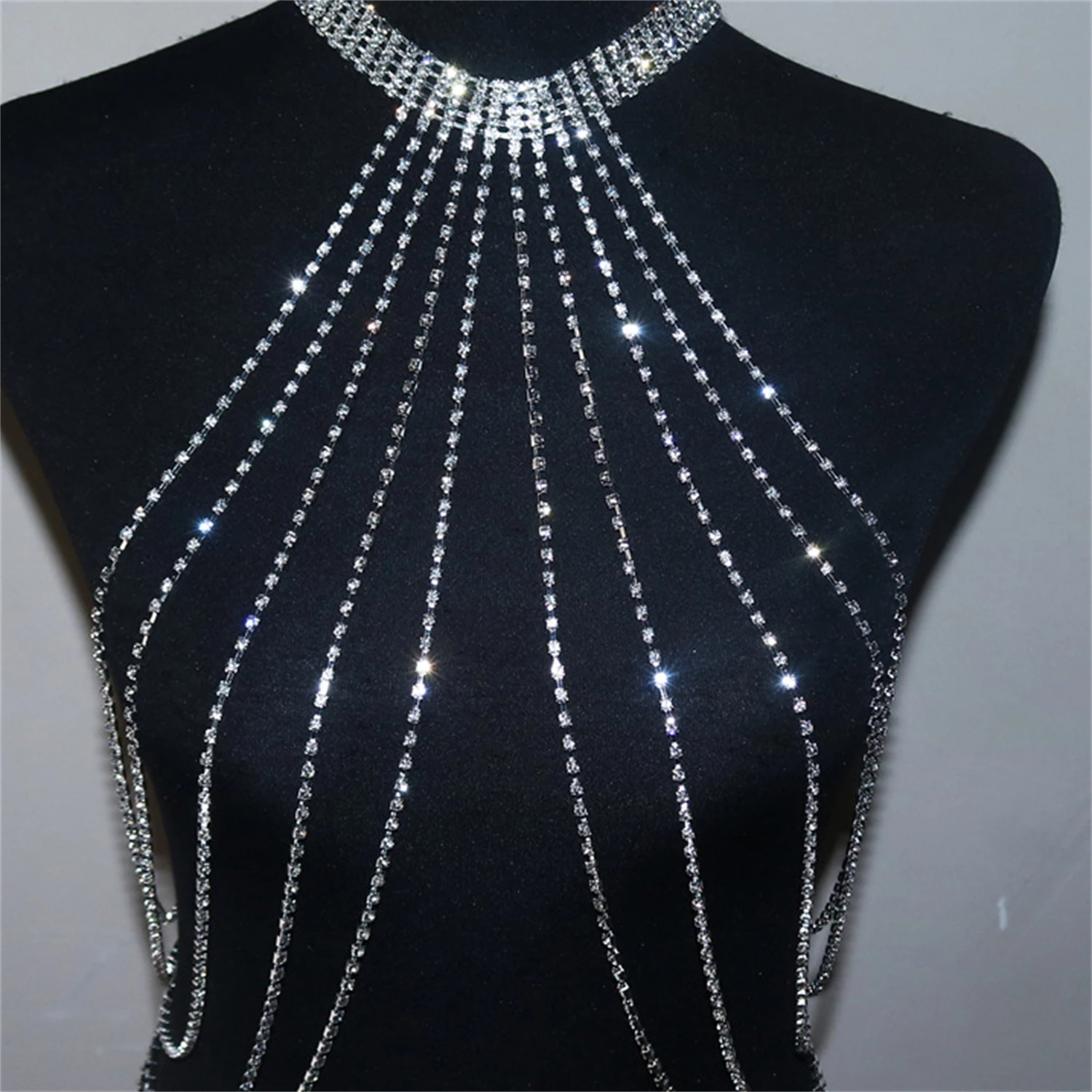 Summer Beach Sexy Rhinestone Bra Body Chain European American Multi layer Long Tassel Necklace Chest Chain Top