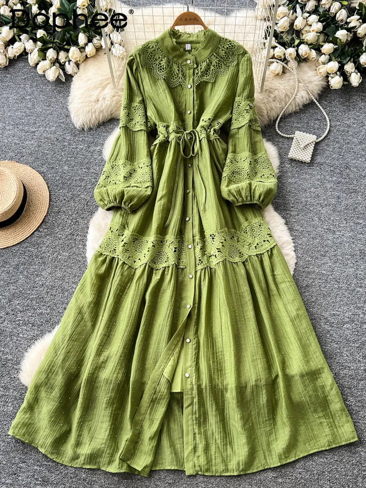 

French Vintage Court-style Lace Patchwork Women's Dress 2026 Spring New Elegant Long-sleeve Waist-tied A-line Dress