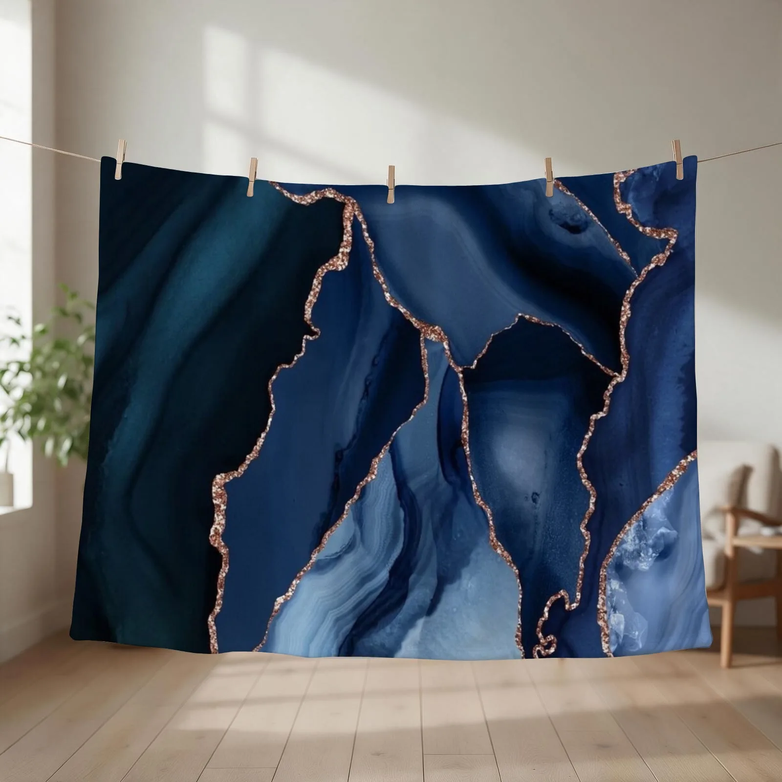 Luxurious Navy and Deep Blue and Rose Gold Shimmer Throw Blanket Sleeping Bag Quilt Sofa Furrys Blankets