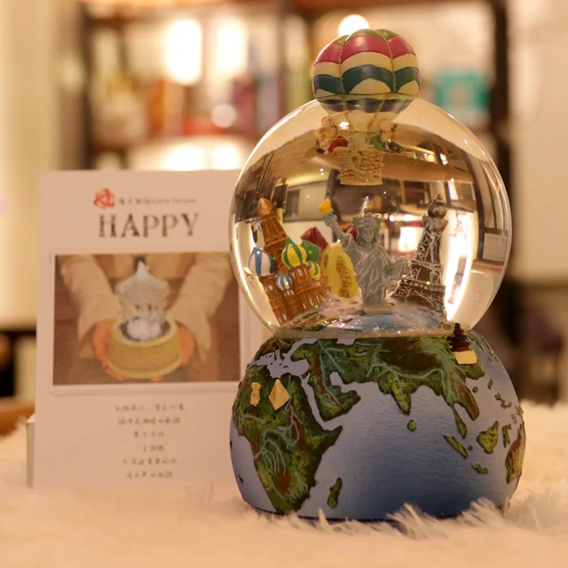 Travel Around the World Crystal Ball Music Box. Rotating Snowflake Travel Music Box. Birthday Gift for Girls and Girlfriends