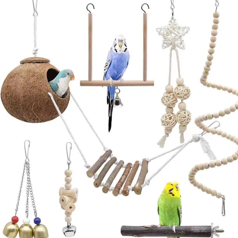 7pcs Parrot Toy Bird Supplies Combination Set Coconut Shell Toy Bird Supplies