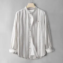 Japan Style Mens Linen Cotton Striped Shirt with Chest Pocket Harajuku Casual Long Sleeve Slim Fit Breathable Classical Shirts