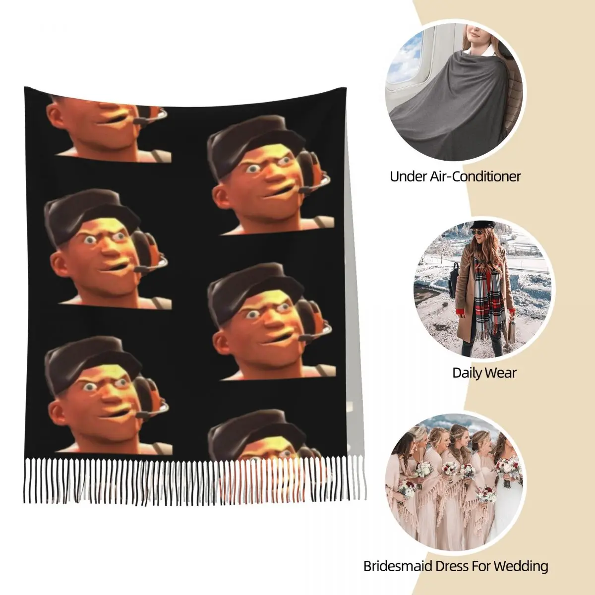 Team Fortress 2 TF2 Scout Gmod Face Funny Meme Scarf Tassel Scarves Women Soft Warm Shawls and Wraps Long Fall Winter Shawl Wrap