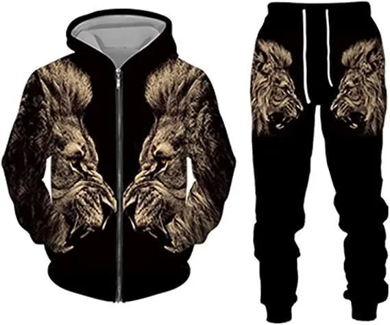 Herren Reißverschluss-Hoodie Trainingsanzug mit 3D-Grafikdruck Löwenkönig Langarm-Sweatshirt Jogginghose Locker Sitzend Herbst Winter Hip-Hop Alltagskleidung – Detail 1