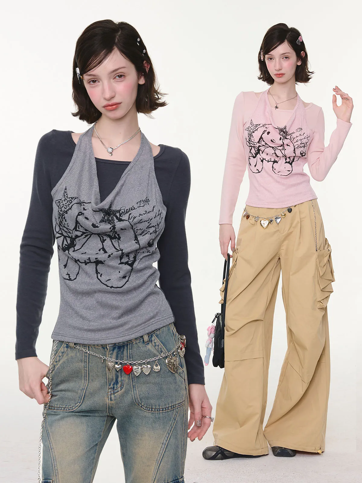 

ZiziFei Rabbit Print Slim Fit Long Sve T-irt Women's Ne Hanging Spring New Sle Retro Sle round Ne Pullover Top