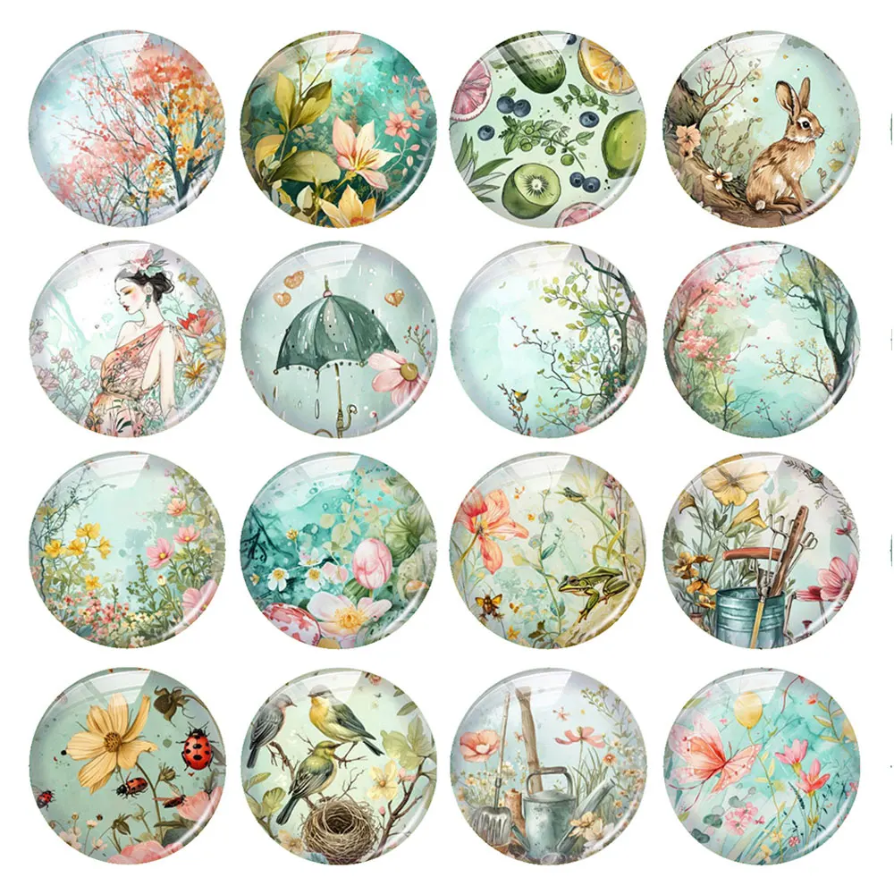 Random Mixed Round/Oval/Square Spring Flower Plants Bird Rabbit Photo Glass Cabochon Flatback Demo Cameo For Diy Jewelry Making