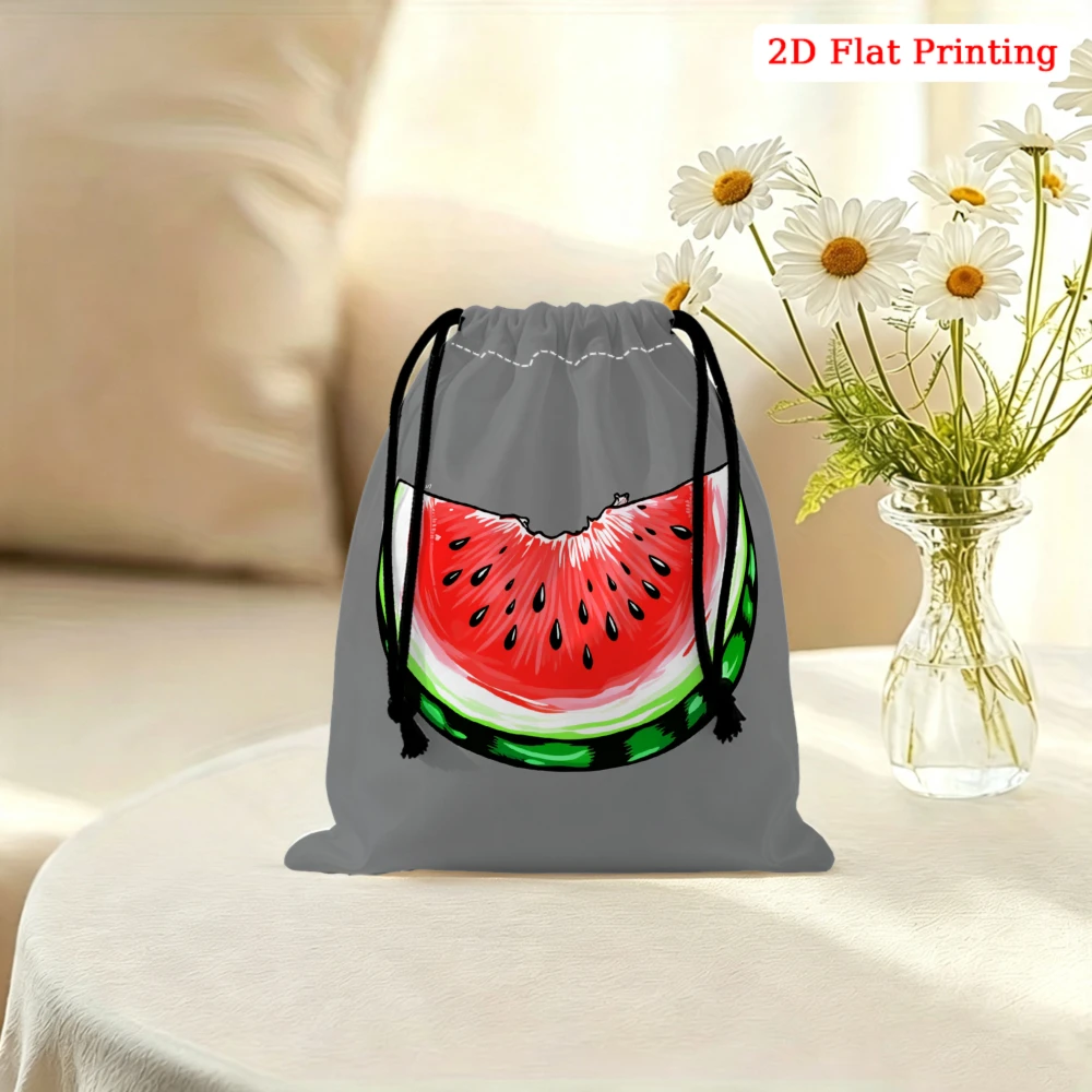 1pc Casual Drawstring Bag Gray Watermelon Slice Print Storage Small Pouch For Travel Gym Accessories Organizer Portable Lightwei