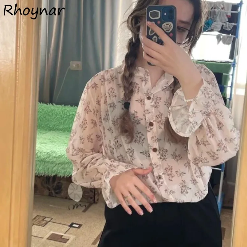 Flare Sleeve Shirts Frauen Chiffon Gedruckt Floral V-ausschnitt Baggy Stilvolle Koreanische Mode Urlaub Anmutige Freizeit Alle-spiel Sommer