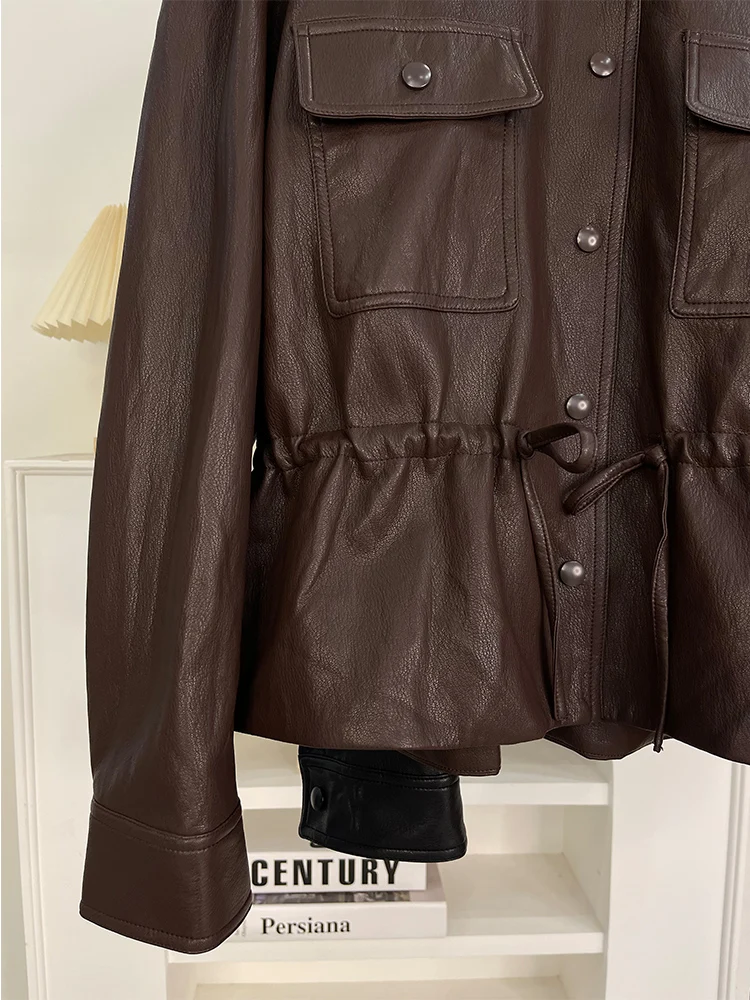 بدلة نسائية من Orta مصنوعة من جلد البولي يوريثان للخريف باللون البني وحزام الخصر الأمريكي Jaet ملابس الشارع الشهير طويلة Sve #4