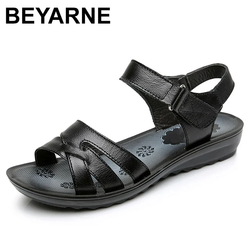 BEYARNE Summer Women Genuine Leather Sandals Vintage Ladies Flat Sandials Ankle Strap Fashion Casual PlatformsSoft ShoesE158